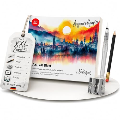 Belmique Aquarellpapier A6 Set inkl. XXL-Zubehör mit 60 Seiten I Aquarell Block mit rauer & glatter Oberfläche 300 g/m inkl. Brushpen Bleistift Videokurs & Zubehör