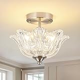 sunkryster Semi Flush Mount Ceiling Light, Brushed Nickel Light fixtures with Floral Clear Glass Shade, Modern Close-to-Ceiling Lighting for Bedroom Kitchen Living Room Hallway