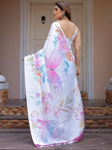 Image of ALMAARI FASHION Women's Floral Printed Georgette Satin Saree with Unstitched Blouse Piece | Traditional Ethnic Wear Sarees | Soft Lightweight Ethnic Office Wear Daily Wear Indian Sari (SG 181-190 F)