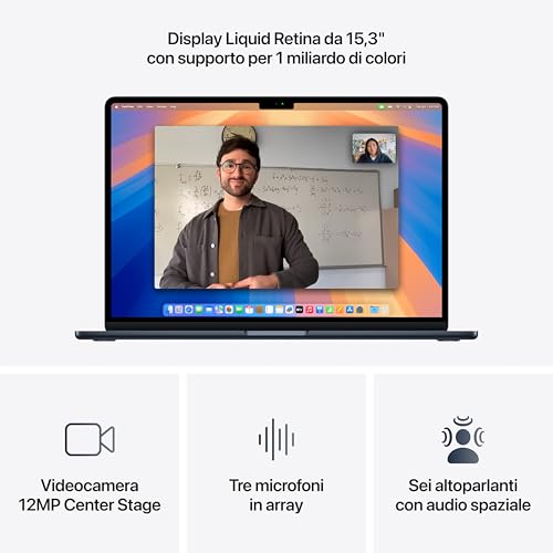 Portatile MacBook Air 15'' con chip M4 (2025): progettato per Intelligence, display Liquid Retina da 15,3'', 16GB di memoria unificata, 256GB di archiviazione SSD, Touch ID; Mezzanotte - Notebook - Immagine 2