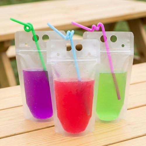 100枚入り 使い捨て飲料袋 ストロー100本付き 密封 自立式 ジュース袋 保存袋 水・コーヒー・ミルクティー等対応 アウトドア パーティー 旅行用 持ち運び便利 (250ml,A)