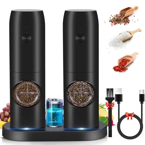 Electric Salt and Pepper Grinder Set, 2pcs USB Rechargeable Pepper Grinder Adjustable Coarseness with Base,LED Light,70ml Transparent Compartment,One Hand Operation,for BBQ Resturant Kitchen