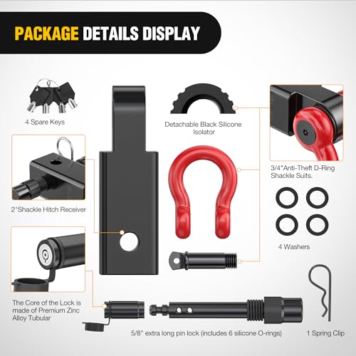 Image of Nilight Anti-Theft Shackle Hitch Receiver 2Inch 45000 LBs Breaking Strength 3 /4 inch Anti-Theft D Ring Shackle 5 /8 inch Trailer Hitch Lock Pin Heavy Duty Solid Towing Kit for Trucks Off Road (Red&Black)