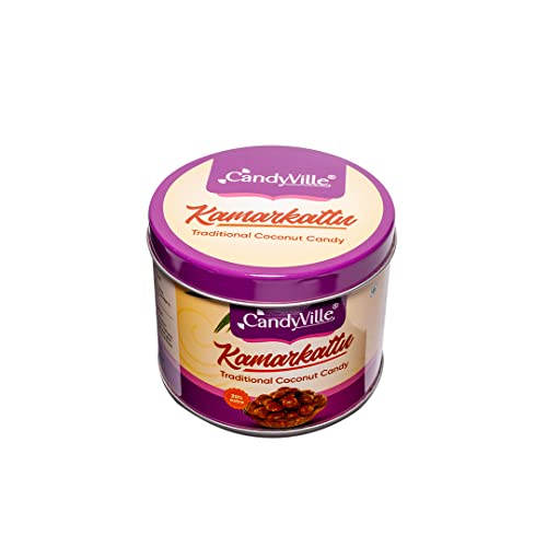 Image of CandyVille Kamarkattu Coconut & Jaggery Candy Tin (340g) | Hard and Dark Roasted | Traditional Coconut Candy | Made with Jaggery
