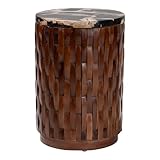 Bali & pari Lavanya End Table with Petrified Wood Top - Drum Accent Side Table with Recycled Teak Wood Frame for Living Room or Entryway