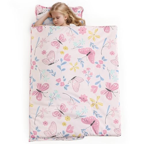 PHF Butterfly Toddler Nap Mat Set, with Removable Pillow for Toddler Girls, Soft and Lightweight for Daycare, Preschool, Travel, Kindergarten Sleeping Bag, Fits Ages 3-6 Years, Butterfly
