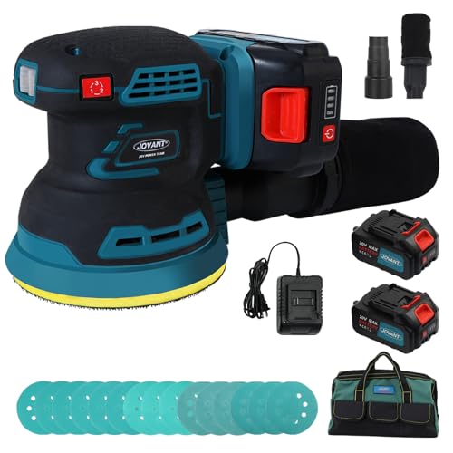Orbital Sander with 2x20V 4Ah Batteries and 1xCharger,5 inch Variable Speed Cordless Orbital Sander,Brushless Motor Cordless Palm Sander for Woodworking,Sanding,Polishing-JOVANT
