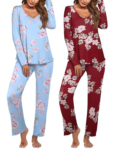 Image of Ekouaer Womens 2 Pack Pajama Set Long Sleeve Pajamas Top and Pants V Neck Pjs Set Soft Sleepwear Loungewear