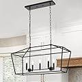 Lucidce 5-Light Kitchen Island Linear Chandelier Large Farmhouse Black Pendant Lighting for Dining Room Over Table Vintage Lantern Hanging Light Fixture, Sloped Ceiling