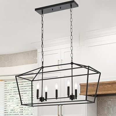 Lucidce 5-Light Kitchen Island Linear Chandelier Large Farmhouse Black Pendant Lighting for Dining Room Over Table Vintage Lantern Hanging Light Fixture, Sloped Ceiling