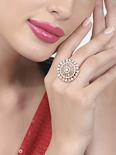 Image of ZAVERI PEARLS Rose Gold Dazzling Cubic Zirconia Party Bling Statement Brass Adjustable Finger Ring For Women-ZPFK16099