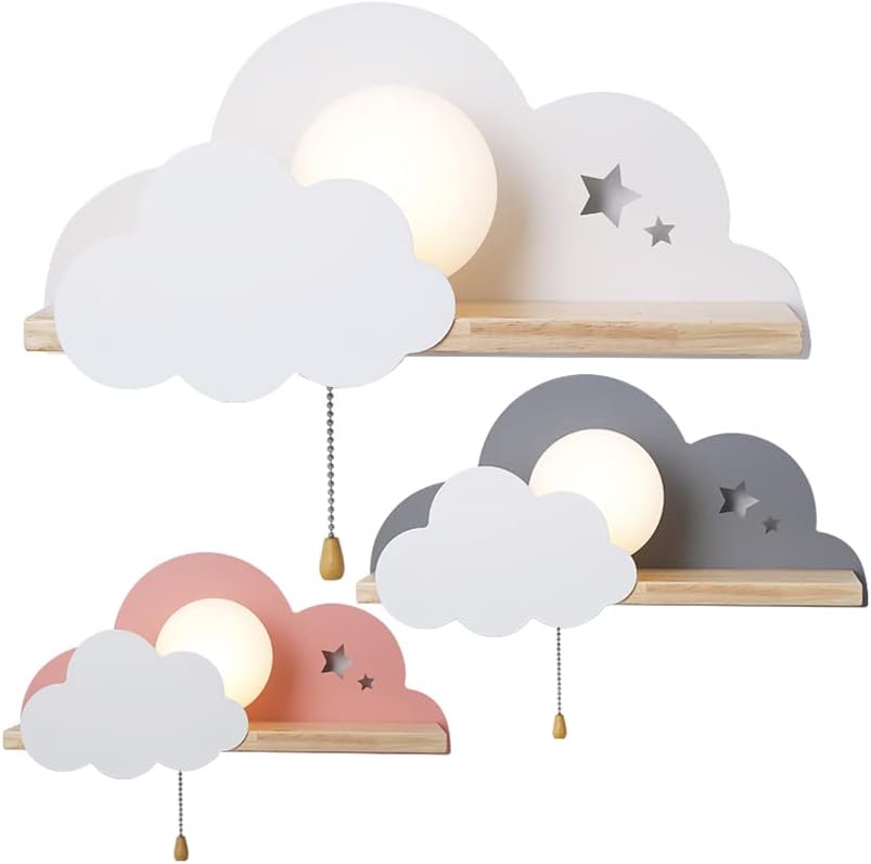 LITFAD Cute Sun & Cloud Wall Light with Pull Chain & Shelf Metal LED Sconce Light Modern Creative Wall Lamp for Girls Bedroom Hotel Kids Room Hotel Corridor Stairway - White