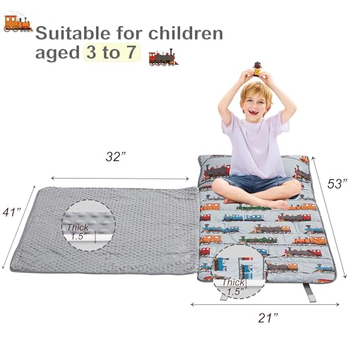 Image of Viviland Toddler Nap Mat with Pillow and Minky Blanket,Rolled Large Sleeping Mat for Boys,Kids Slumber Bag Nap Mat for Preschool, Daycare, Kindergarten, Travel Camping - Train Magic