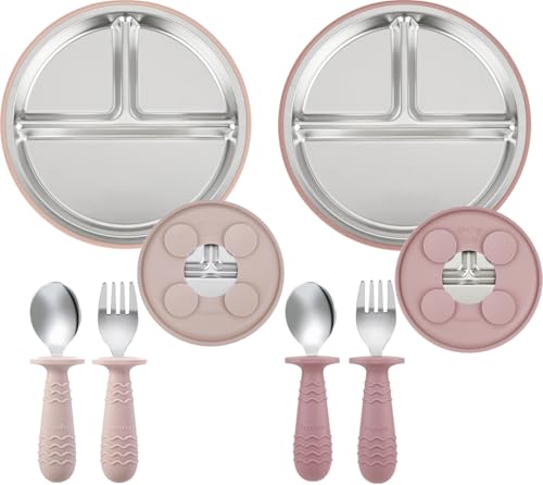 Image of PandaEar 2 Pack Stainless Steel Baby Suction Plates & 2 Pack Spoons and Forks Set, Toddler Utensils Baby Feeding Set, Divided Plates for Baby Led Weaning Supplies, BPA-Free (Pink)