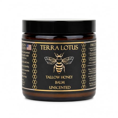 Terra Lotus - Organic Grass-Fed Beef Tallow Balm with Raw Honey - Moisturizing Cream - Handmade All-Natural Moisturizer (4 Oz Unscented)