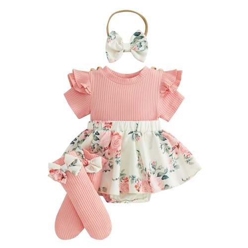 Giraropa Newborn Baby Girl Clothes Smocked Bubble Romper Dress + Socks + Headband Cute Spring Summer Baby Girl Clothes (Pink floral a 0-3 Months)