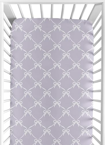 Image of Sweet Jojo Designs Fitted Baby Crib Sheets (White and Purple Bows) for Girls, Infant Nursery, Toddler Room - Standard Size (Lavender Bow for Shabby Chic, Ballet, Dancer, Ballerina Princess Collection)