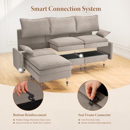 Image of Vesgantti 101 inch V-Shaped Corner Couch Sectional, 7 Seat Customizable Modular Cloud Couches with Movable Ottoman, Chenille Deep Seat Sofa Set with Chaise for Living Room, Bedroom and Apartment, Brown