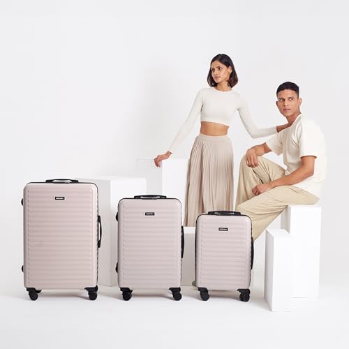 Image of Assembly Stark Hard Luggage Set of 3 Trolley Bags (20 + 24 + 28 Inch), Unbreakable Polycarbonate Dual-Tone Luggage Set, TSA Lock, Silent 8 Spinner Wheels, Hard Shell Suitcase Set of 3 Ivory