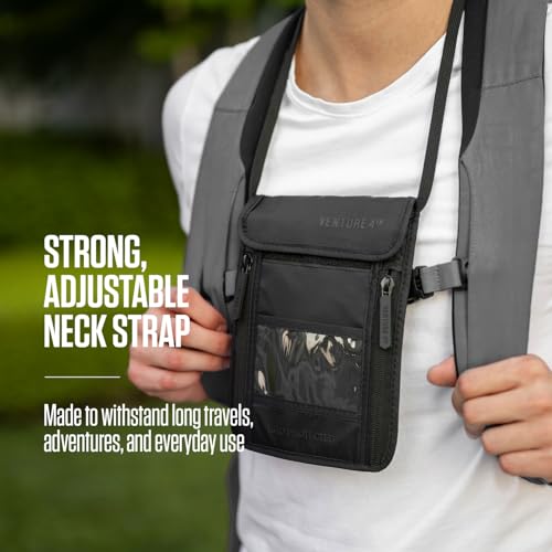 Image of VENTURE 4TH Neck Wallet for Women & Men - RFID Blocking Passport Holder for Travel, Hidden Neck Pouch with 6 Compartments, Slim Lightweight Travel Organizer with Adjustable Strap, Durable Nylon, Sleek