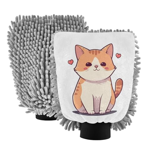 STAYTOP Cartoon Cat Car Wash Mitt Microfiber, 2Pcs Scratch Free Lint-Free, Premium Chenille Microfiber Mitt Car Wash Brush-M