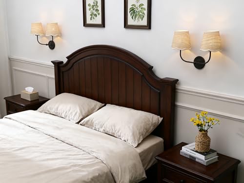Image of Phansthy Industrial Hardwired Wall Sconce Vintage Farmhouse Wall Light, Boho Brass Finished Wall Lamps with Natural Rattan Woven Lampshade for Bedroom, Living Room (Black, Two-Light)