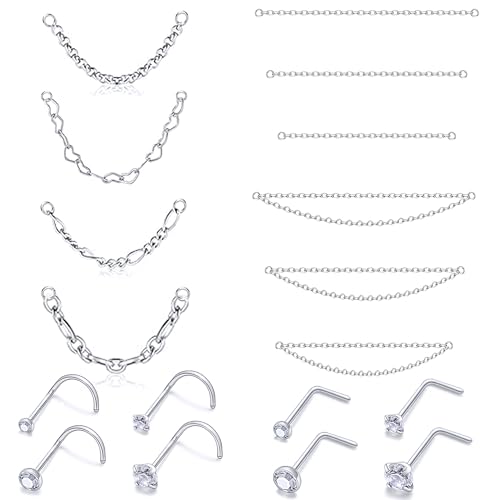 Nose Rings Chain Studs Piercings Jewelry 22/20/18G for Women Men Surgical Steel Double Chains Corkscrew l Shaped Bar Hypoallergenic
