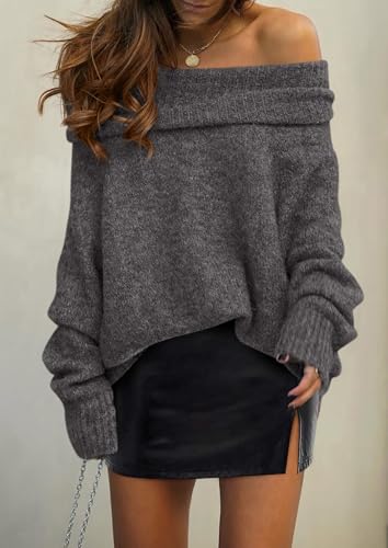 PRETTYGARDEN Women's Off The Shoulder Sweater Long Sleeve Tops 2025 Fall Loose Knit Pullover Sweaters Winter Clothes