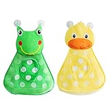 Forma Animal única: La bolsa de juguetes de baño está diseñada con una forma única de rana y pato amarillo, que puede proporcionar a los bebés diferentes experiencias visuales y sensoriales, sus hijos les gusta el organizador lindo juguete de baño