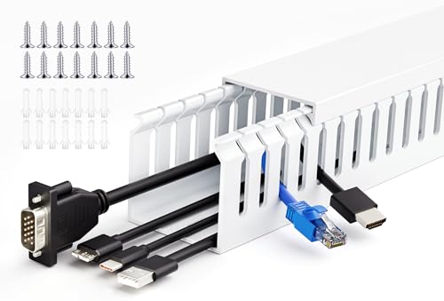 Image of 2 inch H x 2 inch W Cable Raceway, 66in Under Desk Wire Management Channel, White | Slotted Wire Duct, 4Pack, 16.5in Each, Heavy-Duty PVC Cable Management for Server Racks, Network Cables & Electrical Cabinets