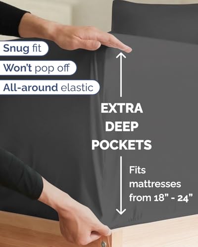 Image of Extra Deep Twin XL Sheet Set - 4 Piece Breathable and Cooling Sheets - Grey | Hotel Luxury Bed Sheets Set, Easy & Secure Fit, Ultra-Soft, Wrinkle & Fade Free, Comfy Sheets Set with Extra Deep Pockets