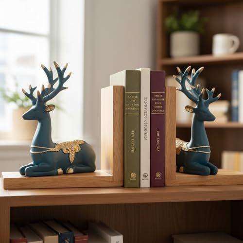 Image of eCraftIndia Wooden Book End with Resin Reindeer Sculptures Showpiece for Home Decor Office Table | Gift for Housewarming Birthday