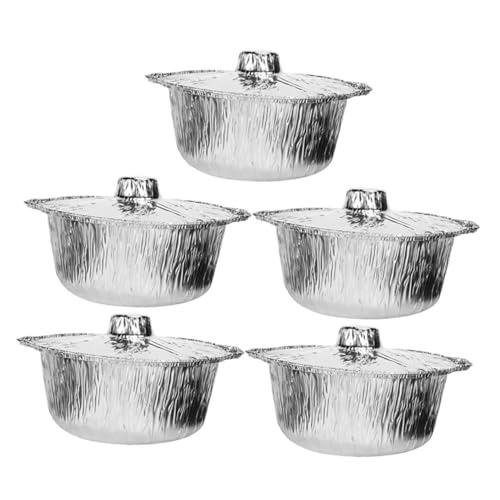 ibasenice 5pcs Tin Foil Pan If with Camping Foil Pans Round Food Pan Camping Supplies Tinfoil Portable Grill Pans Food Pot Picnic Foil Pots Multi-use Grill Pot Food Container Silver