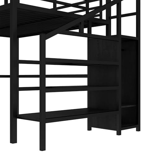 Image of Bellemave Queen Size Loft Bed with Desk and Wardrobe Storage Stairs and Wardrobe, LED USB, Loft Bed for Teens Metal, Black
