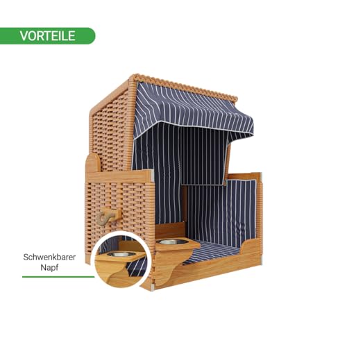Woodtex Hundestrandkorb Kieferholz |Hundehütte inkl. Schützhülle schwenkbarer Wasser-/Futternapf|Sonnenschutz Hunde und Katzen|Rattan Braun mit Dunkelblau-weißen Nadelstreifen