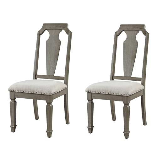 Jenvor Classic Dining Chairs, Beige Linen, Weathered Oak Wood, 20.5x26.5x41.5 Inches, Set of 2, Solid Back