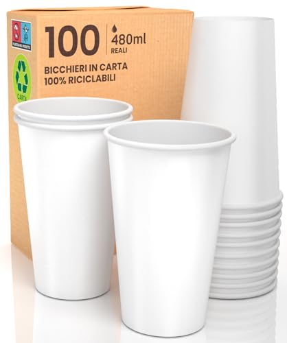 100 Bicchieri in Carta 480ml Ecologici Biodegradabili Monouso Asporto Bevande Calde Acqua BIANCHI
