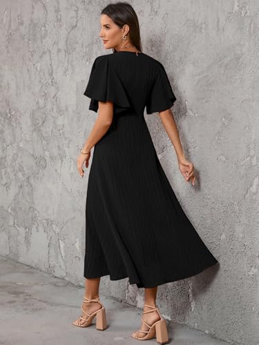 Image of Shasmi Girl's & Women's Pleated Midi Dress with Flutter Sleeves | V-Neck Western Dress for Women | Elegant A-Line Summer Outfit | Office & Casual Wear (Dress 244)