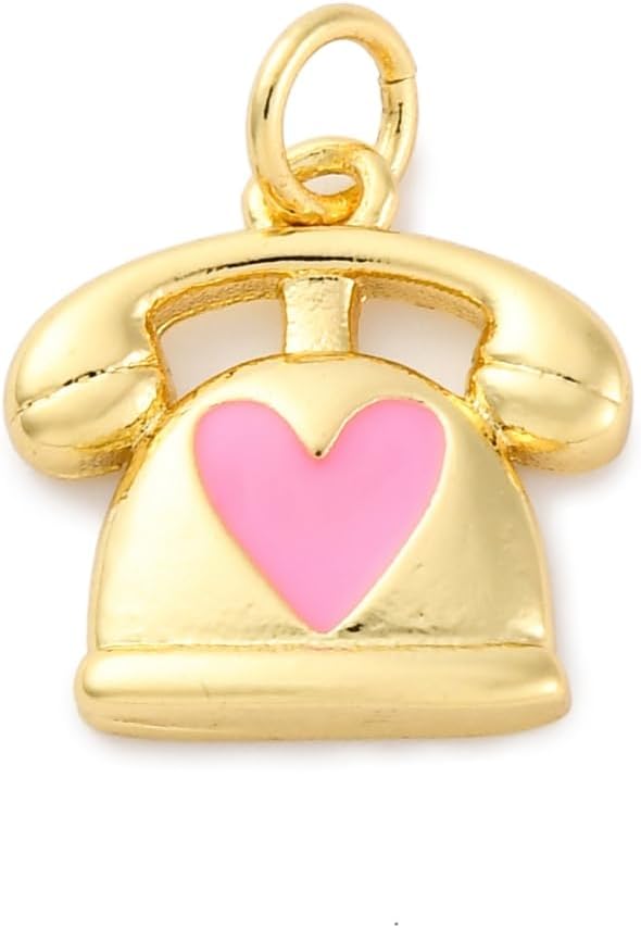 10個 ヴィンテージ 真鍮 電話チャーム クリエイティブ 電話レシーバー ピンク エナメル ハート ジュエリー製作 ネックレス クラ