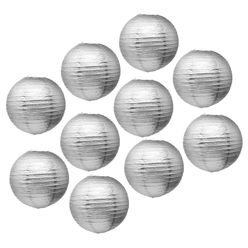 Image of Mudra Crafts 12 Inch Round Chinese Silver Paper Lanterns Hanging Decor | 10 PCs, Reusable, Indoor Outdoor Decorative Lamp Shade, for Ceiling, Wedding, Shower, Party, Festival, Home Decoration