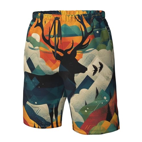 Men's Quick Dry Swim Shorts Deer Mountains Landscape Sunset Modern Art Geometric Beach Trunks with Pockets4