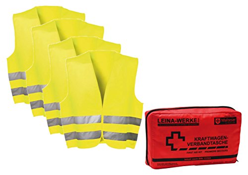 SECOTEC DIN 13164 Pannenset 5-delig; 4 veiligheidsvesten maat XL geel; en 1 x auto-verbandtas; eerste hulp set auto