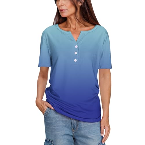 Women's Casual Short Sleeve T-Shirts V Neck Button Down Loose Tee Gradient Tie-dye Trendy Summer Tops 2026 Fashion Womens v Neck t Shirts Graphic tees Blue M