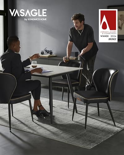 Image of VASAGLE Dining Chairs Set of 6, Upholstered Kitchen Chairs | Synthetic Leather with Stitching, Mid-Century Modern, Easy Assembly, Living Room Lounge, Ink Black