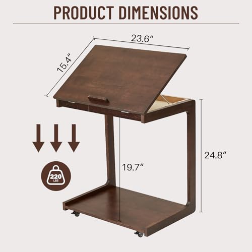 Image of Uniclinens Rolling Side Table, C Shape Couch End Table with Wheels, Mobile Wooden Sofa Tray, Movable Small Couch Desk for Bedroom Living Room, Dark Walnut