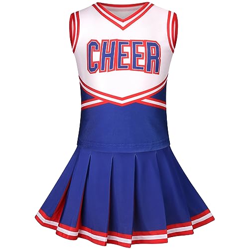 GRAJTCIN Girls Cheerleader Costume Kids Cheer Uniform Cheerleading Outfit Halloween Fancy Dress for 8-10 Years (140, Blue)