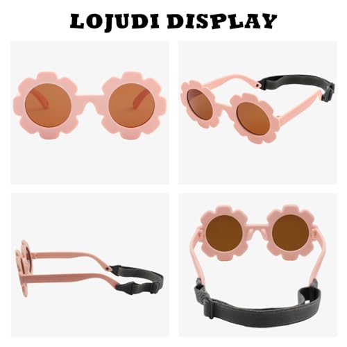 LOJUDI Sonnenbrille Baby Polarisierte mit Riemen Verstellbar Blume Silikonrahmen Baby Sonnenbrille UV400 Schutz für 0-24 Monate-Rosa/Braun