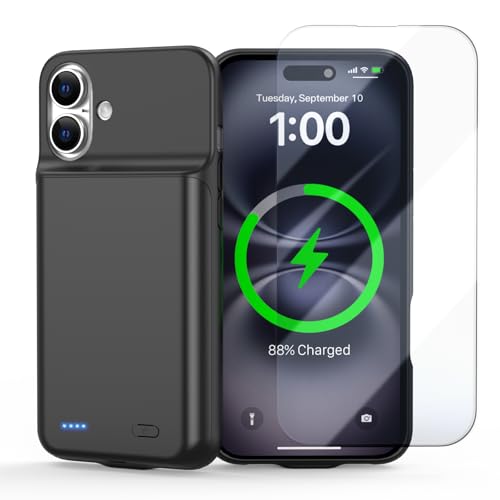 Battery Case for iPhone 16 [2026 Upgraded] Ultra-Slim 7000mAh Portable Extended Charging Charger Case Rechargeable Battery Pack with Tempered Glass Screen Protectorfor iPhone 16 (6.1inch) Black