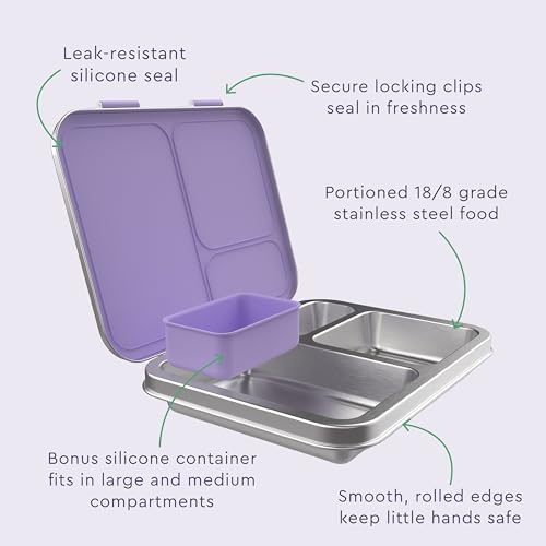 Bentgo Kids Stainless Steel Prints Leak-Resistant Lunch Box - 3-Compartments with Bonus Silicone Container, Durable, Eco-Friendly, Dishwasher Safe, BPA-Free, Ideal for School, Ages 3+ (Unicorn)