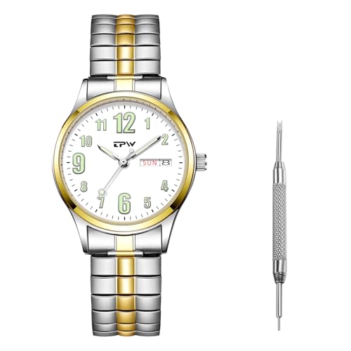 JewelryWe Women's Big Dial Easy Reader Round Quartz Calendar Watch Elastic Stretch Band Nightlight Luminous Wristwatch